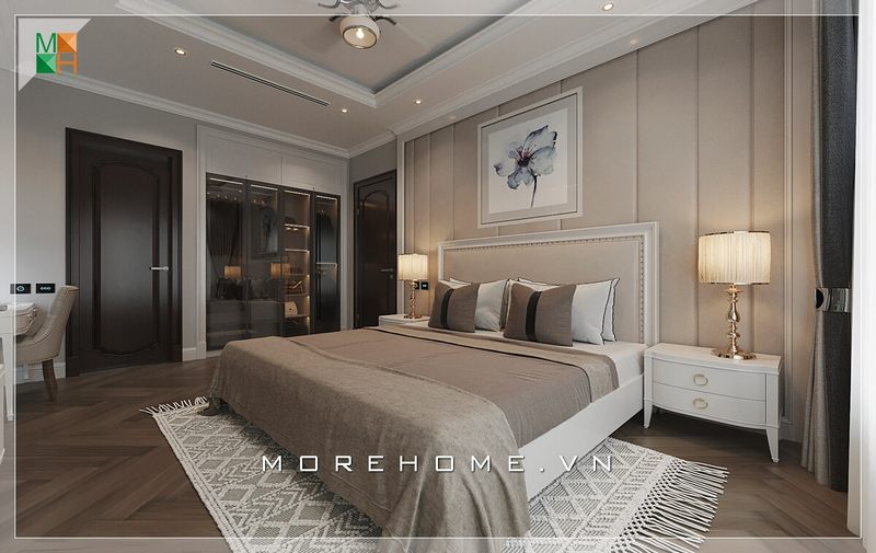 Mẫu giường ngủ gỗ dành cho 2 người hiện đại, gam màu trắng chủ đạo cùng tone màu với nội thất khác tạo sự đồng điệu và liền mạch hơn